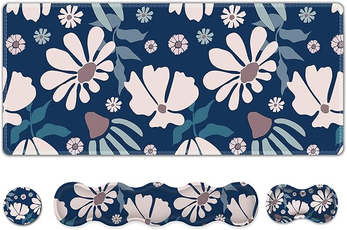 ARTSO Keyboard Mouse Pad Set Blue Flower Large Gaming Mousepad +Keyboard Wrist Rest +Mouse Wrist Rest +Coaster Ergonomic Mousepad Memory Foam Cushion for Home Office