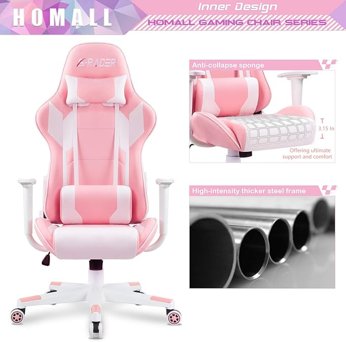 Homall Gaming Chair Office Chair High Back Computer Chair Leather Desk Chair Racing Executive Ergonomic Adjustable Swivel Task Chair with Headrest and Lumbar Support(Pink)
