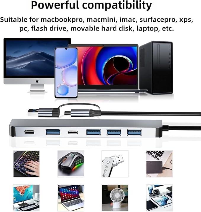 USB Hub 8 in 1 USB A/C to USB 3.0 USB 2.0 8 Ports Portable USB Splitter USB Docking Station Extender USB3.0 Audio Compatible with LaptopPC Phones