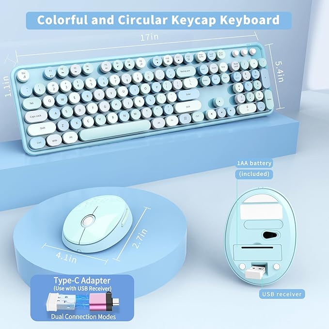 Wireless Keyboard and Mouse Combo Ergonomic Full Size Typewriter Retro Round Keycaps Keyboard Compatible with Windows PC Perfer for Home and Office Keyboards (Blue