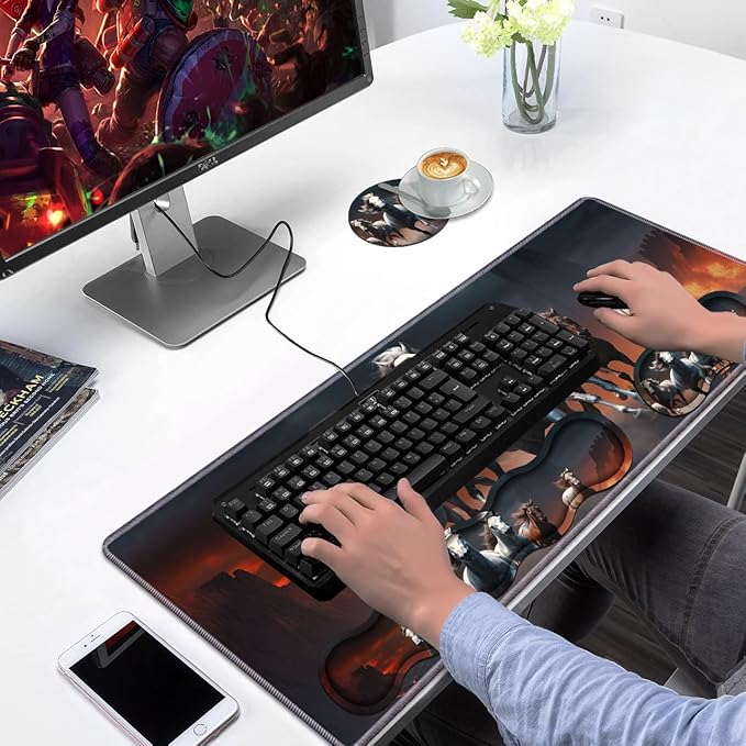 Ergonomic Keyboard Wrist Rest &amp Mouse Pad Wrist Rest Set Large XXL Gaming Desk Mat 31.5x 11.8 with Non-Slip Base Memory Foam Easy Typing Pain Relief for Home &amp Office Running Horses