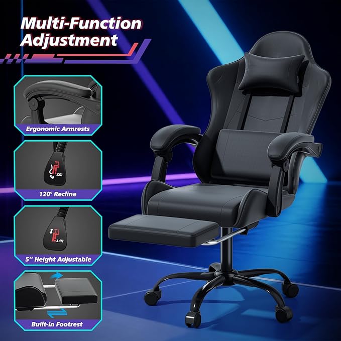 Magshion Gaming Chair Ergonomic Computer Chair with Linkage Armrests Height Adjustable Video Game Chair with Footrest and Headrest for Silla Gamer and Adults 350 Lbs Capacity Black