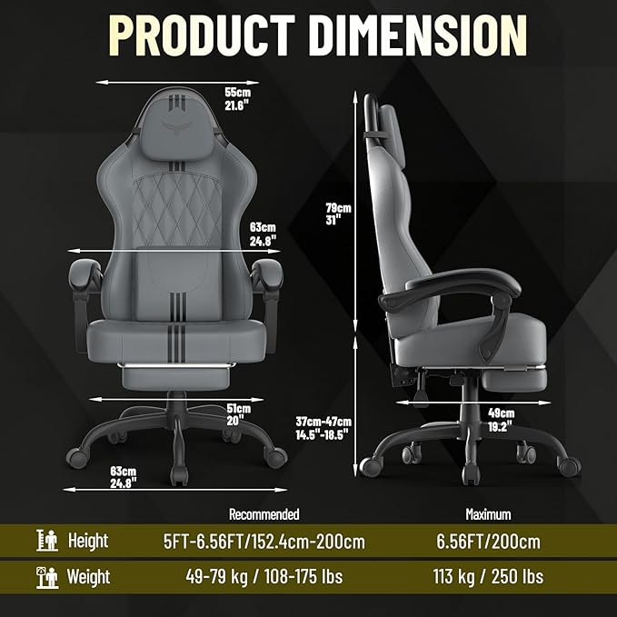 Ferghana PU Leather Gaming Chair with Wider Seat Cushion Diamond Double-Stitching Ergonomic High Back Game Chair with Footrest Computer Chair with Massage Lumbar Support for Adult Gray/Black