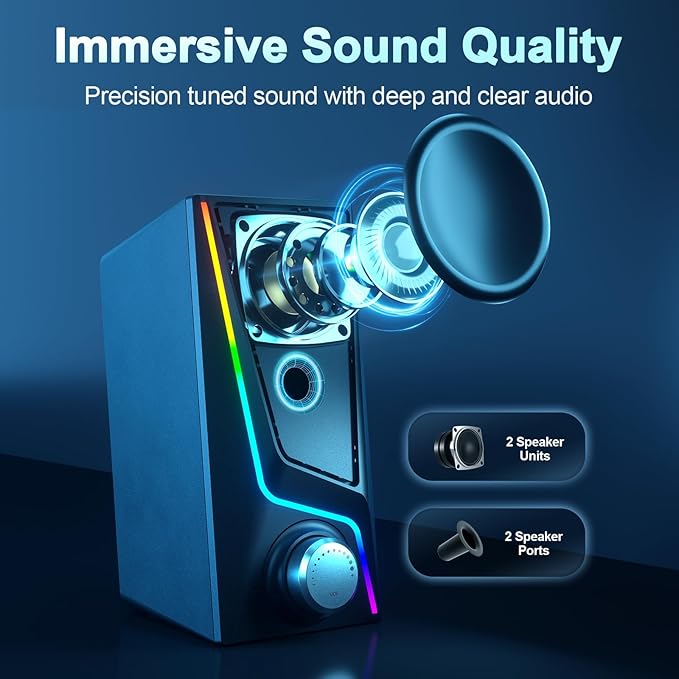 Nylavee Computer Speakers with Subwoofer 2.1 PC Speakers System with 8 Lighting Modes 60W Peak Power AC Adapter Powered Bluetooth 5.4 USB/USB-C and 3.5mm Aux in for Desktop Monitor Gaming