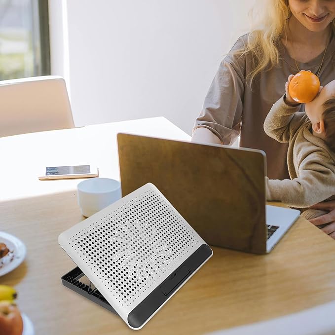Aluminum Alloy Laptop Cooling Pad with Dual USB Ports Quiet Thin Notebook Cooler Stand for Laptops Up to Ergonomic Angles Skid-Resistant Computer Fan Support Frame in Silver