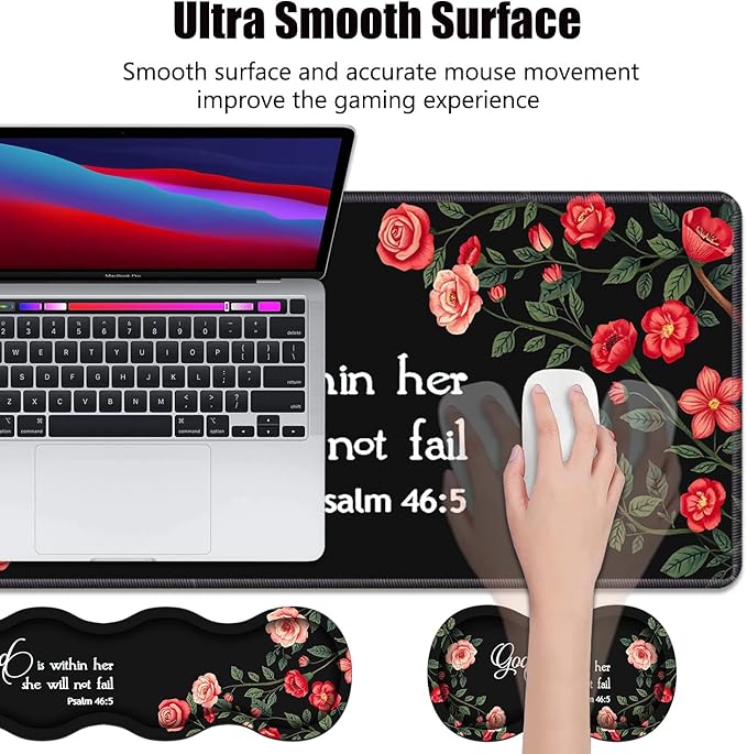 4 in 1 Ergonomic Memory Foam Mouse Pad Wrist Rest Set Large XXL Gaming Desk Pad + Keyboard Wrist Rest + Mouse Wrist Cushion + Coaster for Home Office Study Gaming Floral Quote Bible Verse Psalm 46:5