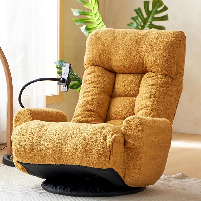 360 Swivel Gaming Chair - Folding Floor Sofa with Armrests &amp Phone Holder 5 Position Adjustable Chaise Lounge for Home &amp Living Room (Yellow)