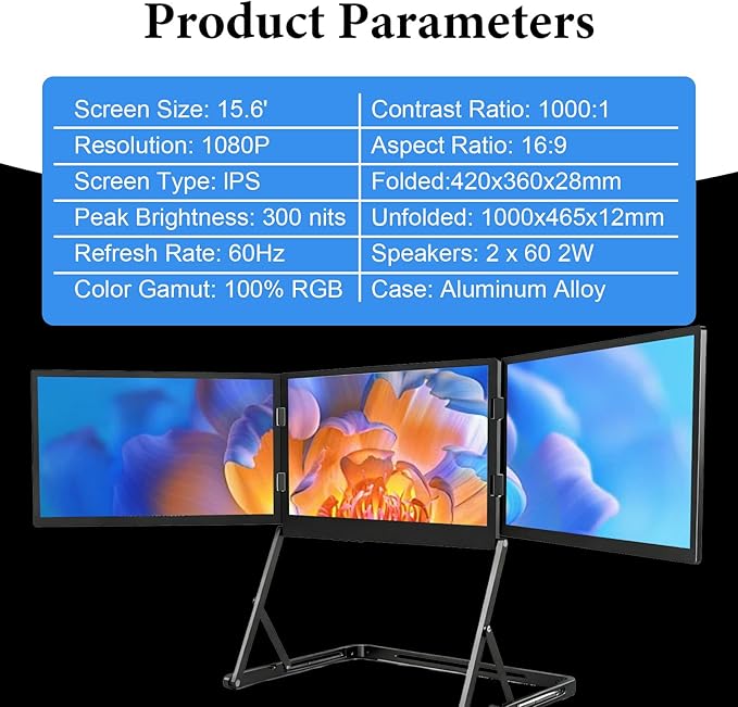 15.6 Portable Triple Monitor for Laptop Full HD IPS Screen Extender Play USB-C HDMI Multi-Screen Display for Windows MacBook Designers