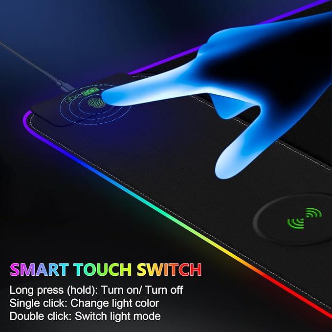 Magnetic Wireless Charging RGB Mouse Pad 31.5'' x 15.8'' Large LED Gaming Desk Mat 24 Light Effects Non-Slip Rubber Base Waterproof Ultra-Smooth Surface