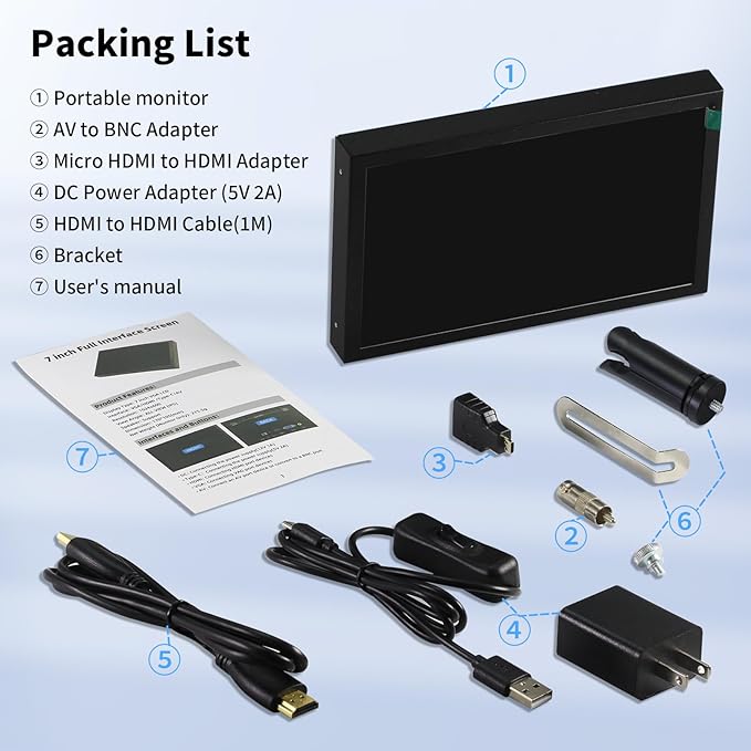 7 Inch Mini Monitor HDMI Portable Vga Monitor with AV BNC 1024×600 LCD Screen with Built-in Speakers 178° View Angle IPS Multi-Function Mini Small Display for Raspberry Pi PC/TV/DVD/CVBS