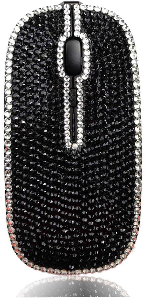 WONGS Bling Silver Edge Black Crystal Rhinestone Rechargeable Slim Silent Sparkly Computer Wireless Mouse with USB Receiver Bedazzled Mice for LaptopNotebook PC MacBook - Silver Edge