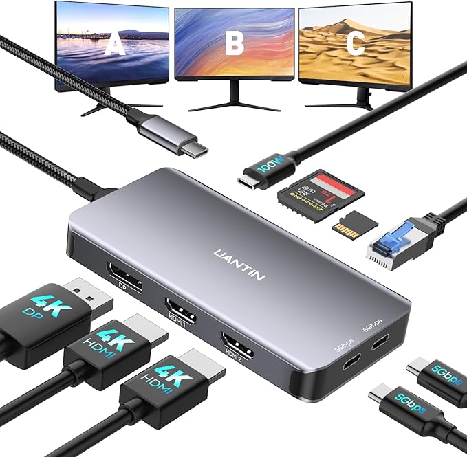 USB C Docking Station Dual Monitor Laptop Docking Station 3 Monitors Triple 4K 60Hz Display with 2 HDMI DisplayPort 1Gbps Ethernet 100W PD 2 USB-C Data USBC Dock for Dell HP Lenovo etc