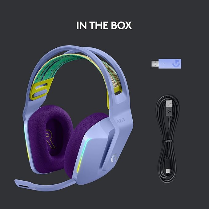 Logitech G733 Lightspeed Wireless Gaming Headset with Suspension Headband LIGHTSYNC RGB Blue VO!CE mic Technology and PRO-G Audio Drivers - Lilac