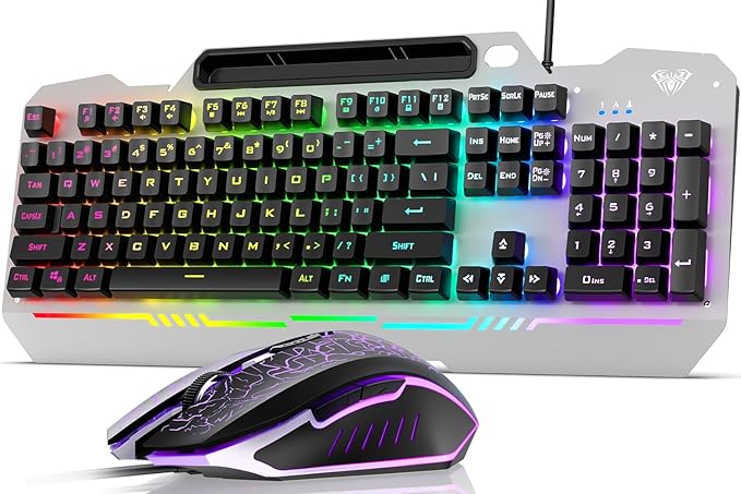 AULA Keyboard T102 104 Keys Gaming Keyboard and Mouse Combo with RGB Backlit Number Pad All-Metal Panel Waterproof Light Up PC KeyboardUSB Wired Computer Keyboards Gaming for Win XP/7/8/10 PC Gamer