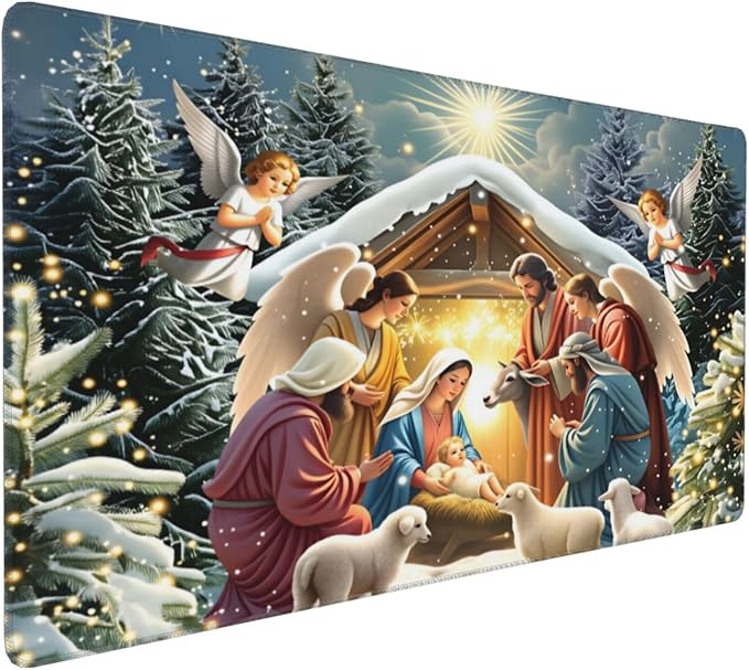 XXL Gaming Mouse Pad Extended (35.5X16) Nativity Scene Large Non-Slip Desk Mat Water-Resistant Keyboard Mousepad for Office &amp Home