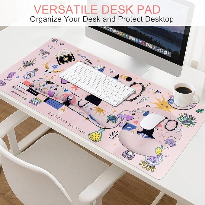 Petmolico Mouse Pad Set with Computer Keyboard Desk PadMouse Pad with Wrist RestTyping Wrist Pad and Cup CoastersErgonomic Design for Typing Pain Relief [PinkHalloween]