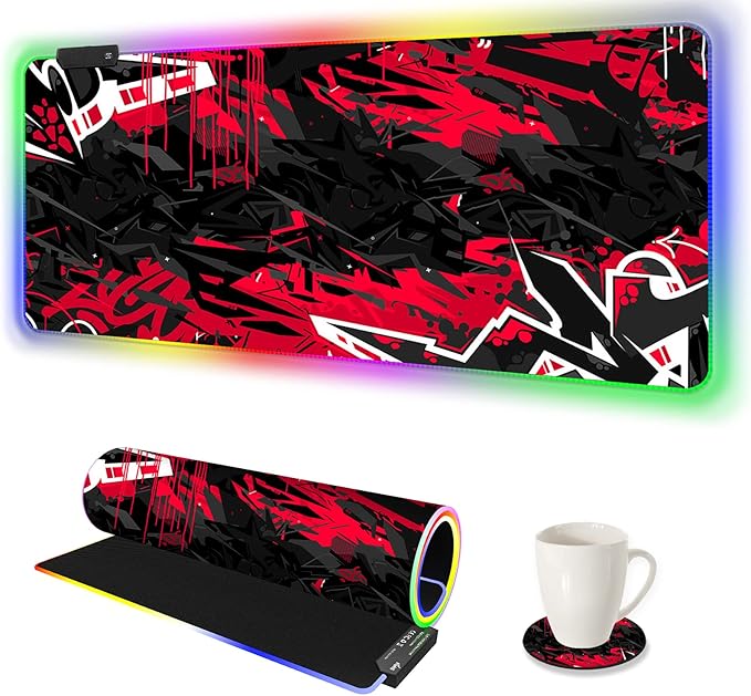 AIMSA Large RGB Gaming Mouse Pad Keyboard Mousepad Led Extended 35.4 x 15.8 inch Non-Slip Rubber Base with 14 Lighting Modes Big Desk Mat Waterproof Red Black