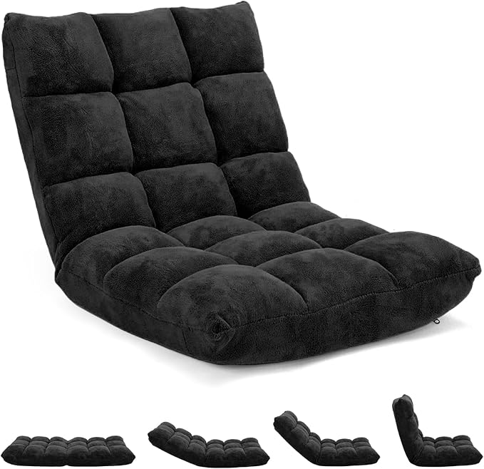 SIMOE 14-Position Foldable Floor Chair with Back Support Plush Coral Fleece Floor Seating for Kids Teens &amp Adults Padded Lazy Sofa Gaming Chair for Bedroom Reading &amp Dorm Black