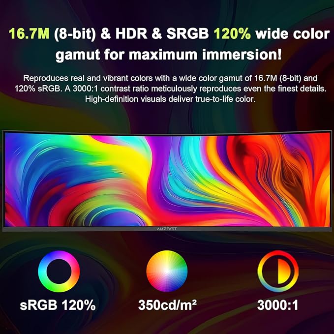 Amzfast 49 Inch Curved Monitor 120Hz DQHD 5120x1440p Ultrawide Gaming Monitor 120% sRGB 1500R 1ms MPRT HDR Adaptive Sync PIP/PBP Height Adjustable HDMI 2.0/DP 1.4 VESA 75x75 AMZG49C7U