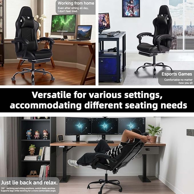 Gaming Chair with Footrest &amp Massage Comfortable Game Chair for Adults Gaming Desk Chairs with Headrest and Lumbar Cushion for Work and Study Adjustable Height Ergonomic (Black)