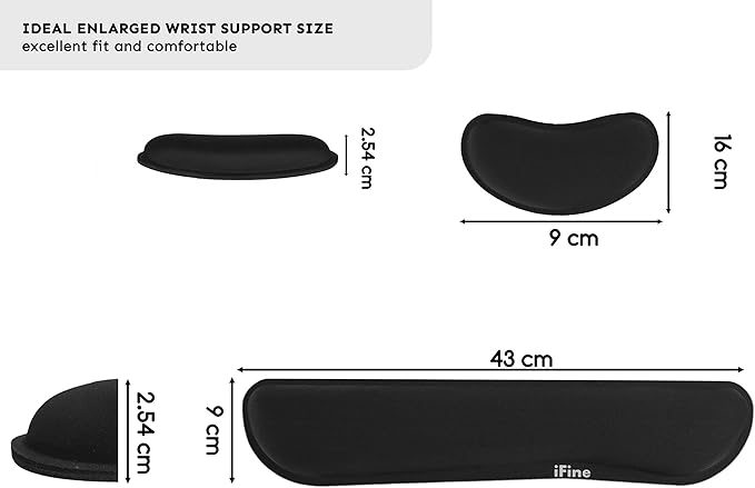 iFine Upgrade Enlarged Smooth Fabric Memory Foam Keyboard Mouse Wrist Rest Pad Cushion Support for Computer Laptop Mac Office or Home for Pain Stress-Free Typing - Black with Free 3 Cable Organizers