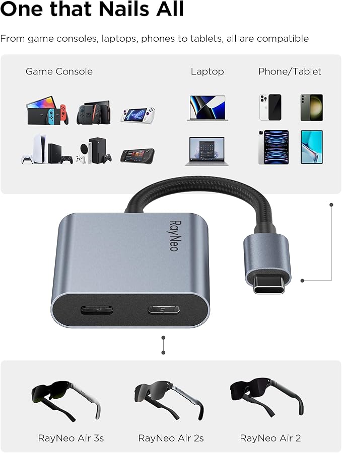 RayNeo USB-C to Glasses Charging Adapter - Charge &amp Play for Switch (Not Switch 2)/PS5/Xbox/Mac/Laptops &amp DP Alt Mode Devices 100W PD Charging &amp 4K@60Hz Output - for Air 4/Air 3 Series A