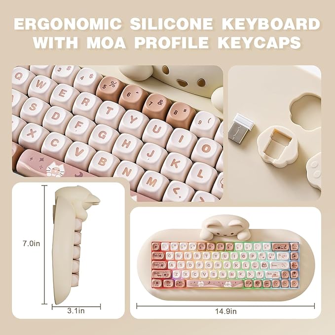 YUNZII C68 Wireless Mechanical Keyboard65% LayoutHot SwapTriple Mode BT5.0/2.4G/Wired RGB Backlit NKROCute Cat Silicone Ergonomic Design for Win/Mac (Brown Milk Switch)