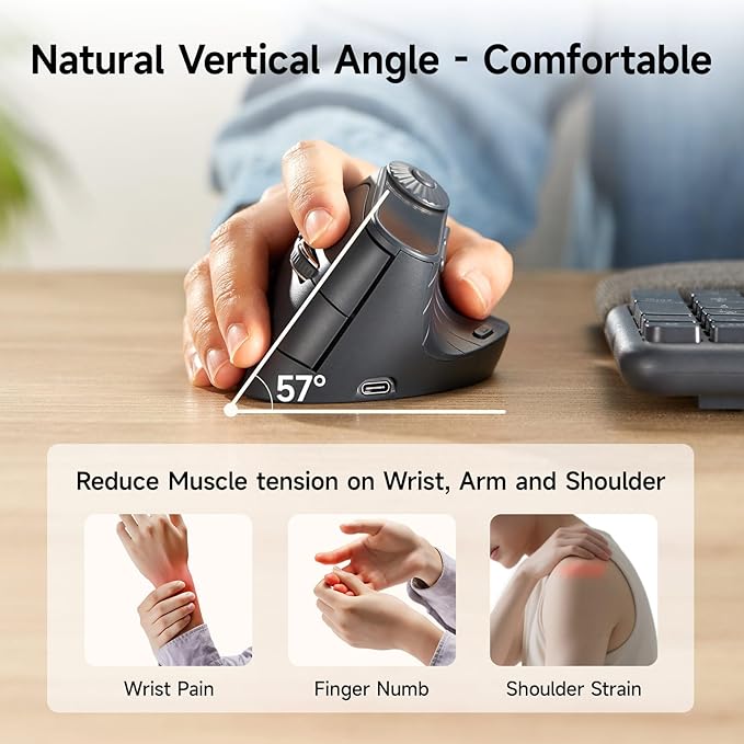 SANWA Ergonomic Vertical Mouse with LED Screen Knob Control 5 Programmable Buttons 57° Angle 4-Device Connect(2.4G /Bluetooth/Wired) 800-2400 DPI Rechargeable Mice for Windows Mac Laptop PC
