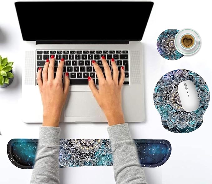 Keyboard Wrist Rest and Mouse Pad Wrist Support Set with CoastersErgonomic Gaming Mousepad for Home Office Working Studying Easy Typing &amp Pain ReliefMandala in Galaxy