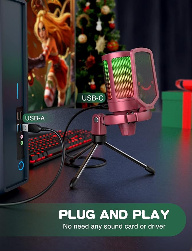 FIFINE AmpliGame PC Gaming Streaming USB Microphone RGB Desktop Microphone for Computer/Mac/PS4/PS5 Podcast Recording TikTok Game Chat Condenser Mic with Pop Filter Shock Mount - Red