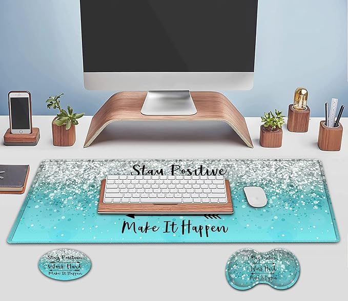 Large Mouse Pad Extended Office Desk Pad 31.5x11.8in Ergonomic Memory Foam Mouse Wrist Rest Support for Home Office Computer Writing Pad Work Hard Inspirational Blue Gradient Gilt Gaming Mouse Mat