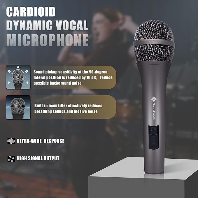 Professional Dynamic Microphone for Singing Karaoke Microphone with 16ft XLR to 1/4'' Audio Cable Vocal Handheld Mic for Podcast Mixer Amplifier PA System