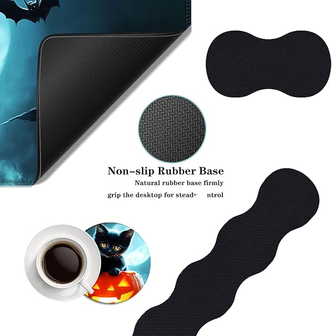 Mouse PadLarge Desk Mat Set 4in1 XL Mousepad + Keyboard Wrist Rest+Mouse Wrist Rest+Coaster with Ergonomic Desk Pad for Home Office Table Computer Cover -Halloween Kitten and Bats