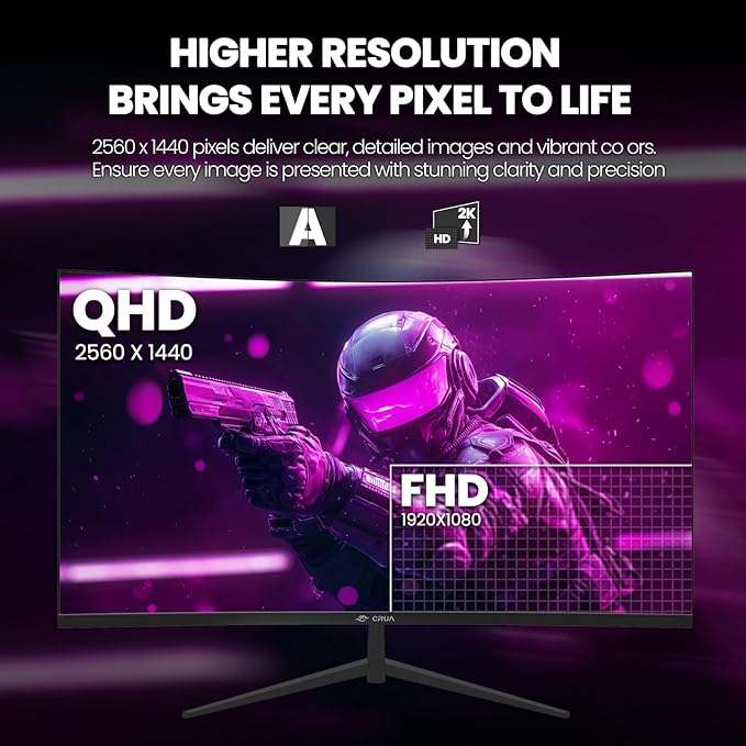 CRUA 32 Curved Gaming Monitor 2K QHD 2560x1440P 144Hz/165Hz Computer Monitors 120% sRGB FreeSync Low Blue Light 1800R VA Screen HDMI 1.4/DP 1.2 Wall Mountable - Black