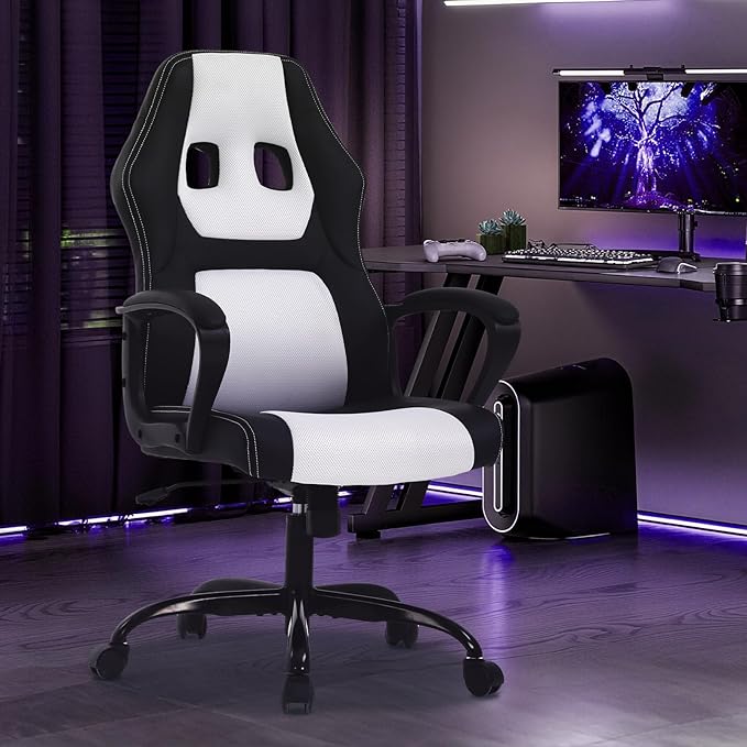 Gaming Chair Office Chair Adjustable Ergonomic High Back Massage Computer Desk Chairs with Lumbar Support PU Leather Racing Chairs Rolling Swivel for Adult &amp TeenWhite