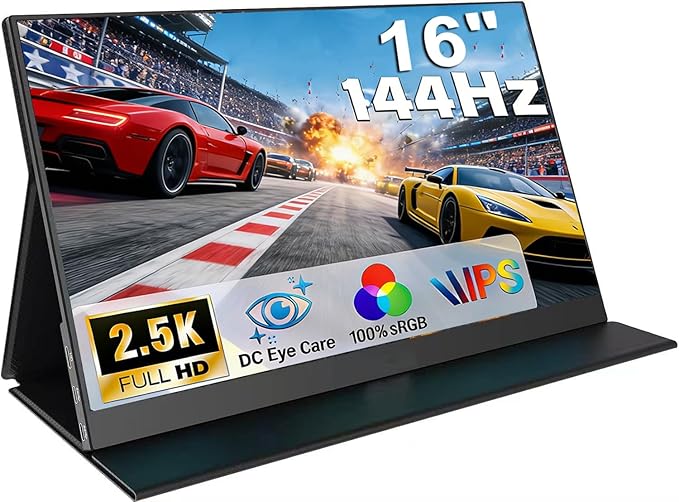 16 2.5K 144Hz Portable Gaming Monitor 16:10 HDR Eye Careful100% sRGB QHD2560x1600 Ultra-clear IPS Portable Monitor for Laptop with Built-in SpeakersExternal Second Screen for PC Phone Game Console