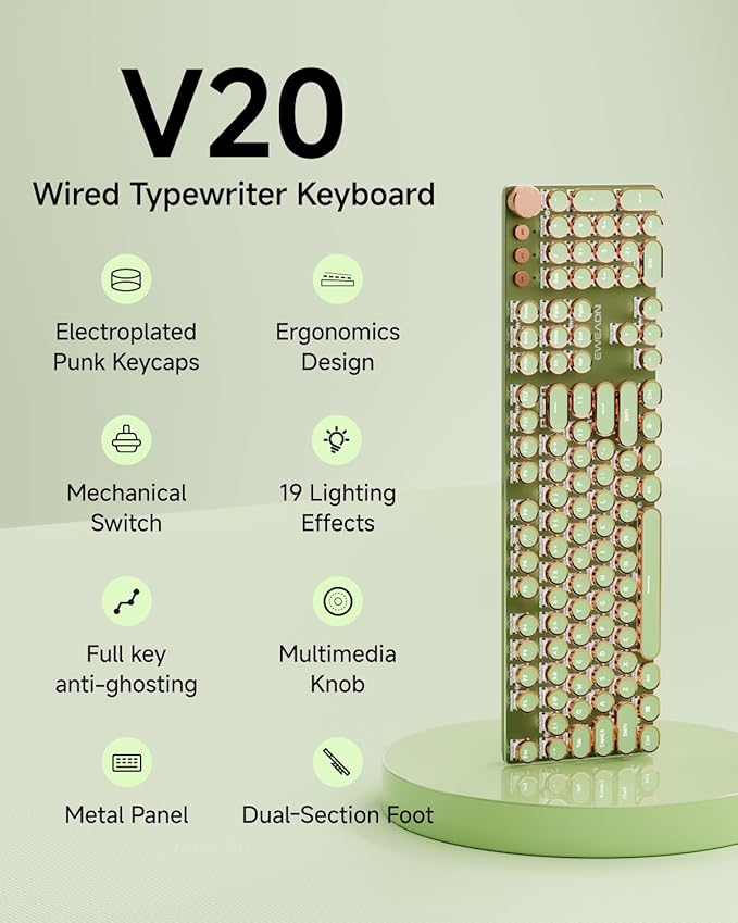 EWEADN Typewriter Style Mechanical Keyboard Wired Typewriter Keyboards104 Keys Backlit LED Metal Keyboards Media Control Knob Wired Computer Keyboard Pink Switch for Windows/Mac/PC-Green