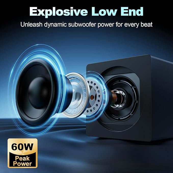 Nylavee Computer Speakers with Subwoofer 2.1 PC Speakers System with 8 Lighting Modes 60W Peak Power AC Adapter Powered Bluetooth 5.4 USB/USB-C and 3.5mm Aux in for Desktop Monitor Gaming