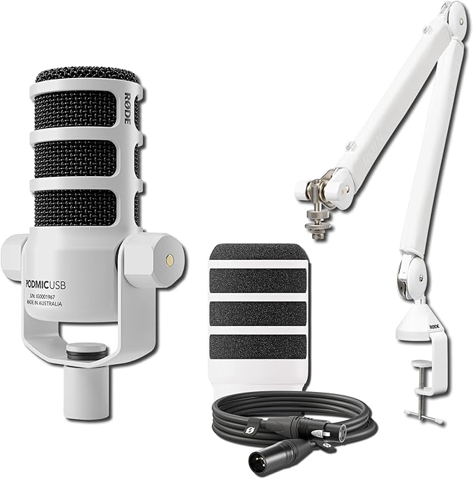 Rode PodMic USB Dynamic Broadcast Microphone with PSA1+ Microphone Boom Arm WS14 Pop Filter and Premium XLR Cable (White Bundle)