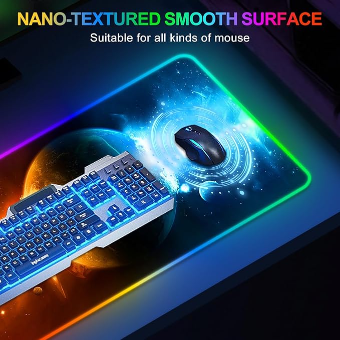 ARTSO RGB Gaming Mouse Pad Large Extended LED Mouse Mat XXL 35.4x15.7 inch 14 Lighting Modes 2 Brightness Non-Slip Rubber Base Mousepad Waterproof Keyboard MatUniverse Space Starry Sky