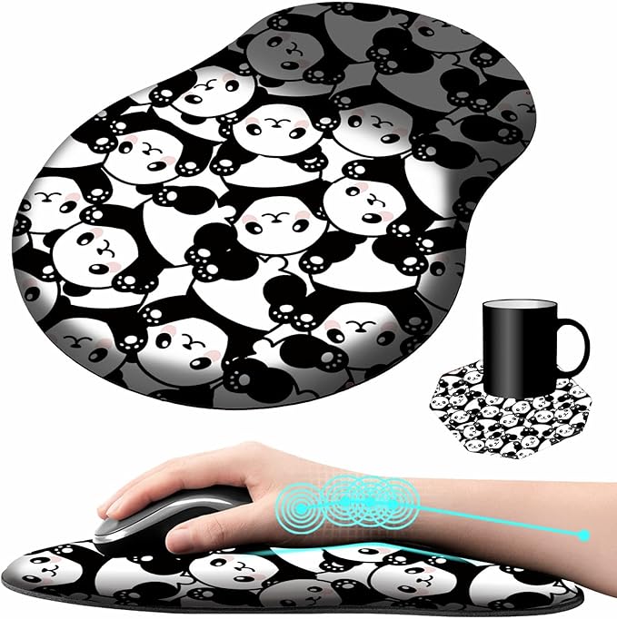 Mouse Pad with Wrist Support Gel Cute Panda Pattern Design Ergonomic Gaming Mousepad with Wrist Rest for Laptop Computer Home Office Working Mouse Mat + A Cute Coffee Pad