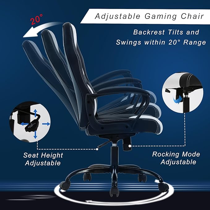 Silla Gamer Ergonomic Office Chair - Leather Racing Chair with Massage Rolling Comfy for Adults and Kids - White