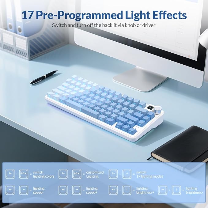 Rii RK805 Wireless Gasket Mechanical Keyboard with TFT Screen and Knob75% Creamy Gaming Keyboard with RGB BacklightTri-Mode BT/2.4G/USB-CHot Swappablefor Windows/Mac/Linux(Blue Gradient)