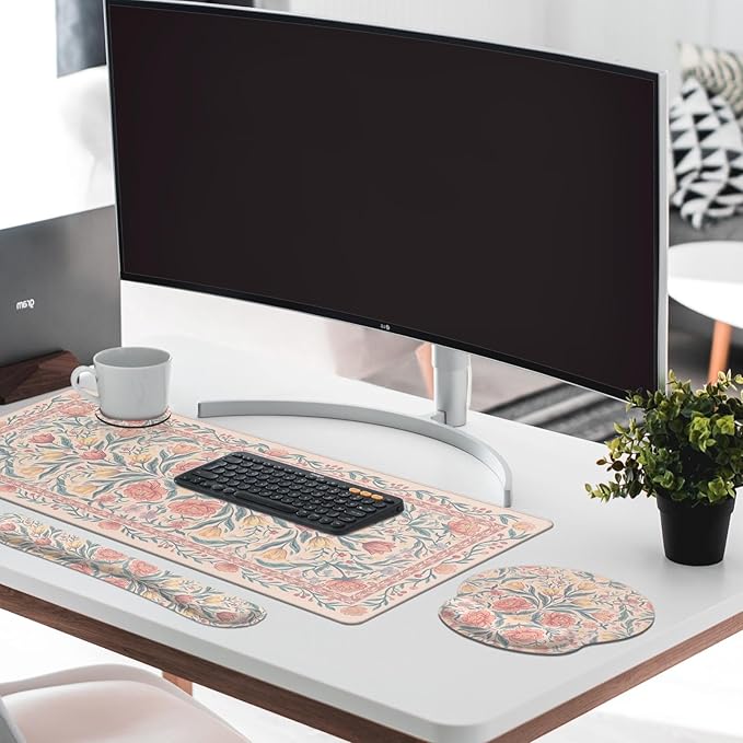 Britimes Pink Floral Keyboard Mouse Pad Set Retro 4in1 Large Mousepad+Keyboard Wrist Rest+Mouse Wrist Rest+Coaster Ergonomic Design for Home Office Computer 35.4x15.7 inches