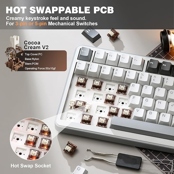 YUNZII B75 PRO Wireless Mechanical Keyboard75% Layout with KnobHot Swap Gasket Custom StructureCreamy Pre-lubed SwitchesRGB BacklitBluetooth/Type-C/2.4G for Win/Mac(Cocoa Cream V2 SwitchGrey)