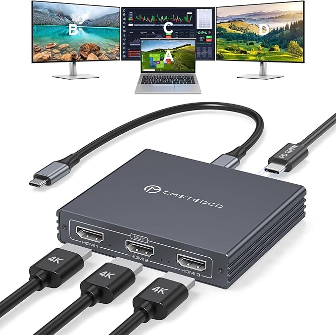 USB C to 3 HDMI Adapter 4K60Hz HDMI Splitter Extended Display 3 Monitors MST HUB USBC Splitter 1 in 3 Out with 100W PD Charging Compatible with LaptopPCUSB-C Graphics Card