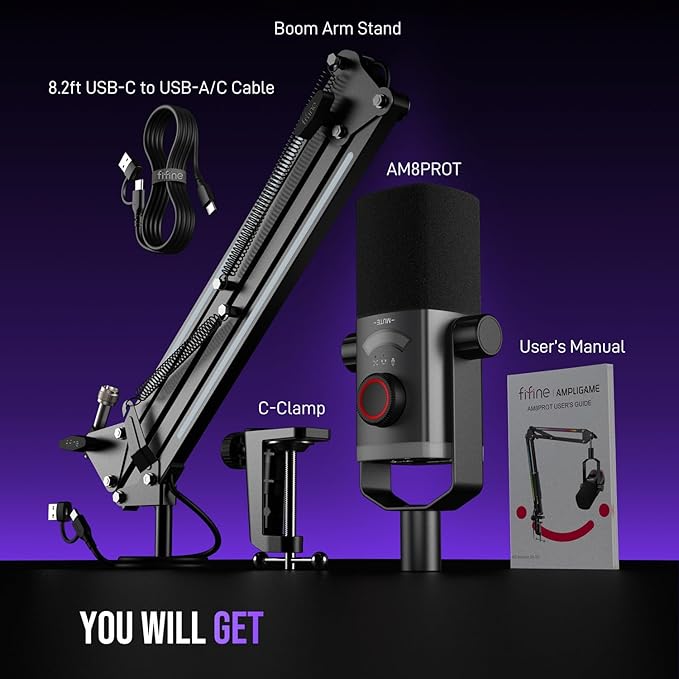 FIFINE Gaming Microphone Kit XLR/USB Dynamic PC Microphone with Boom Arm for Podcast Recording RGB Streaming Mic Set Tap-to-Mute Mix Control Headphone Jack-AmpliGame AM8PROT