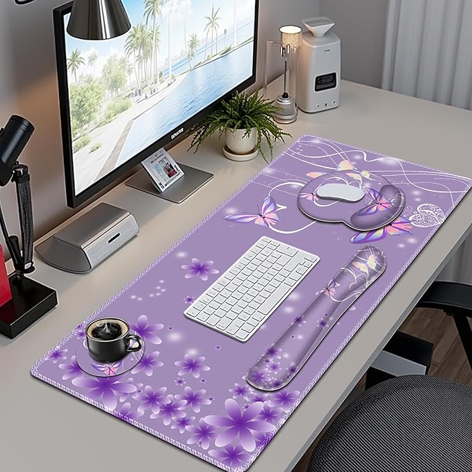 Purple Butterflies Florals Mouse Pad XXL Large Desk Mat Extended Reading Desk pad 4PCS Non-Slip Rubber Base Computer Big Mousepads for Work Game Office Home Decor Girls Woemn Gifts Accessories