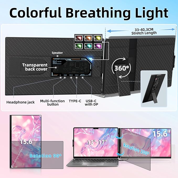 Laptop Screen Extender Dual Monitor - 15.6 Portable Monitor Detachable IPS 1080P FHD 85% NTSC Travel Screen USB-C HDMI Port Compatible with Wins Mac Chrome Dex Fits 13-17 Laptops