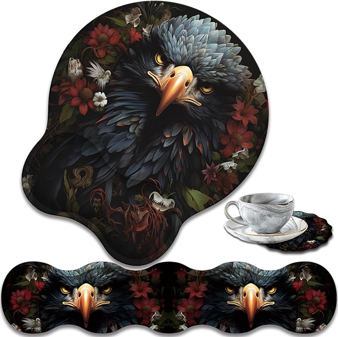 Ergonomic Keyboard Wrist Support Pad and Wrist Support Mouse Pad Anti-Slip with Gel Memory Mouse Pad Set Suitable for Office Use/Home Use - Dark Skull Flower Eagle